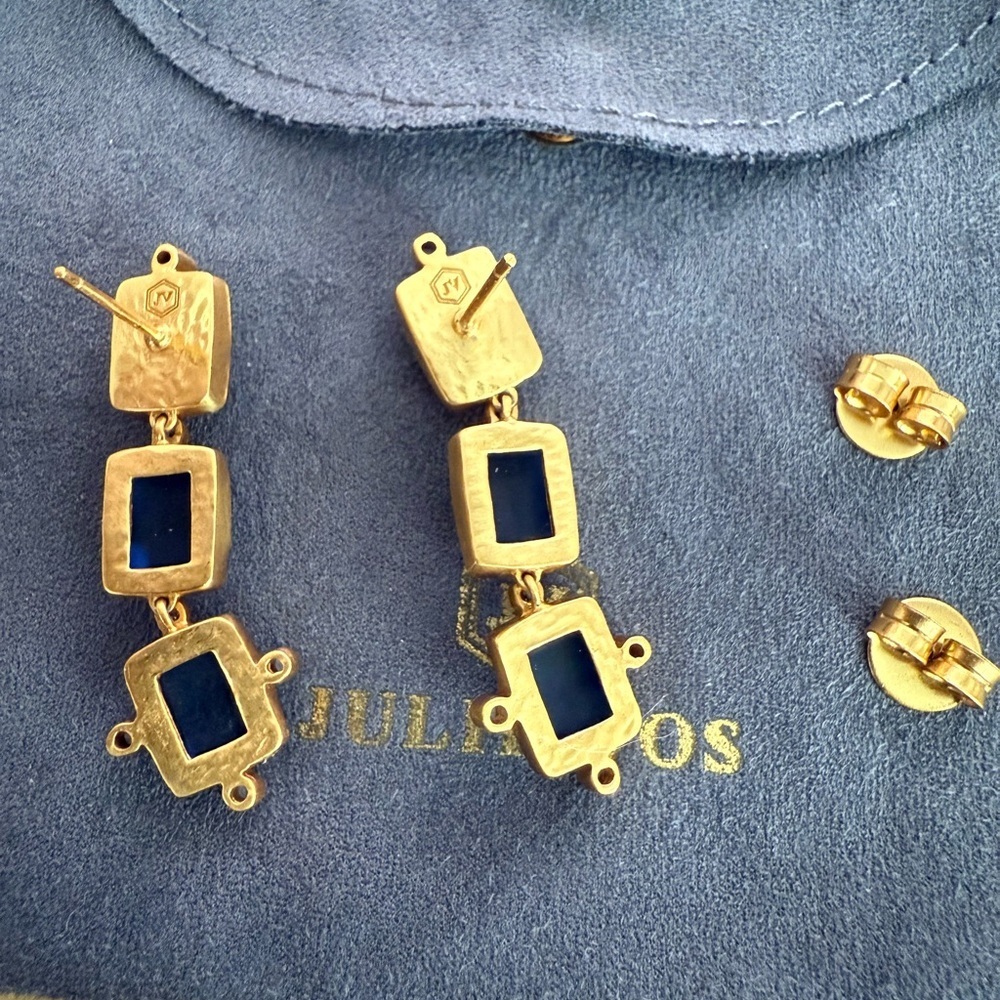 Julie Vos NWOT gold drop earrings with sapphire colored cut stones - Picture 5 of 6